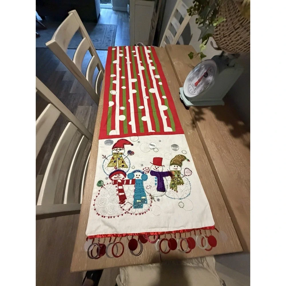 Pier 1 Embroidered Beaded  Christmas Table Runner~Whimsical Snowman Sequins~72